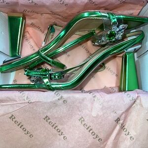 Reitoye metallic green chunky block rhinestone heels